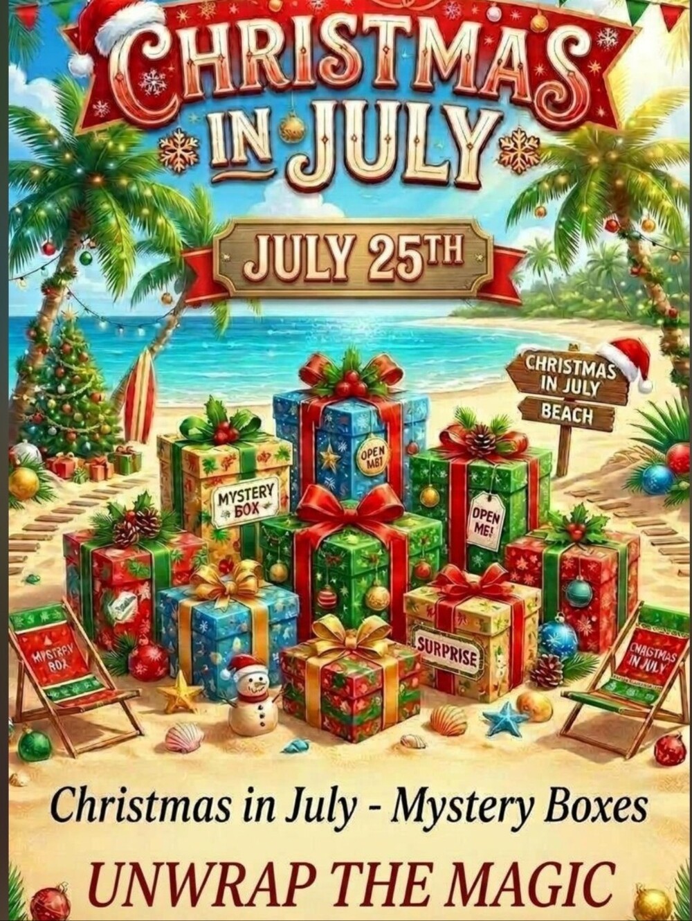 Christmas in July Mystery Boxes Sign Up Flyer
